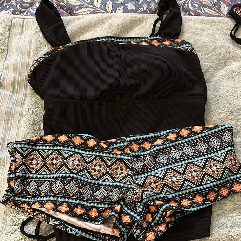 Black Tankini with Geometric Patterned Bottoms